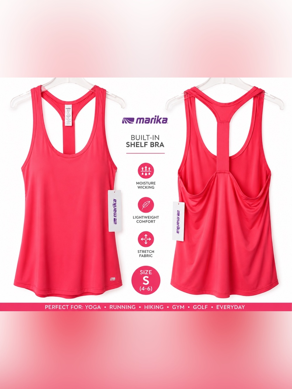 Marika Pink Racerback Tank Top Built-In Shelf Bra Workout Lightweight Yoga NWT S